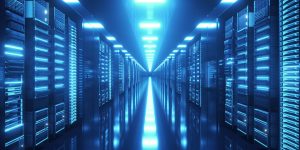 Data center with endless servers. Network and information servers behind glass panels. Cloud computing data storage. 4K high quality loop animation.
